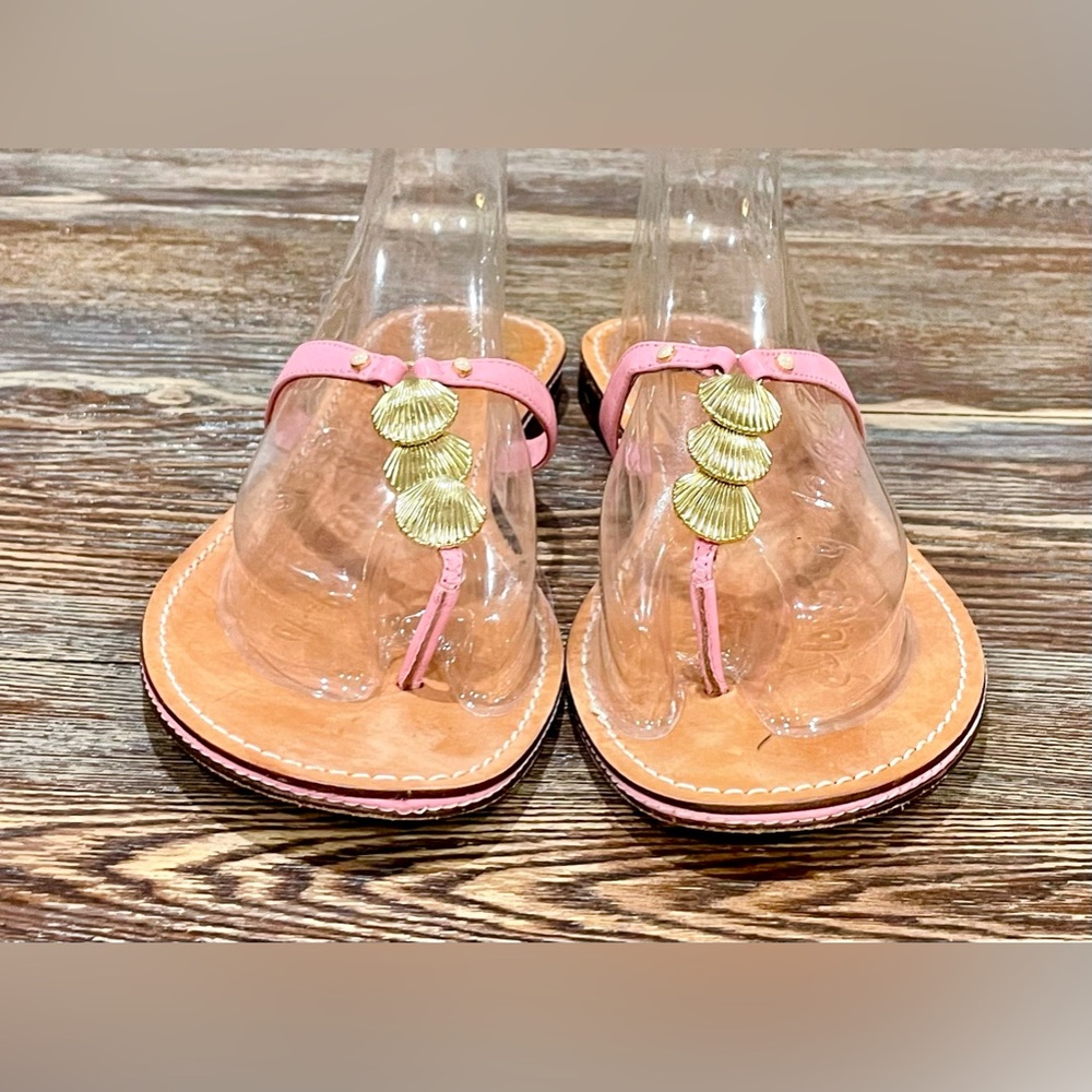 Lilly Pulitzer via Palm Beach Pink Leather Thong Sandals w/Gold Shells - Sz 10M